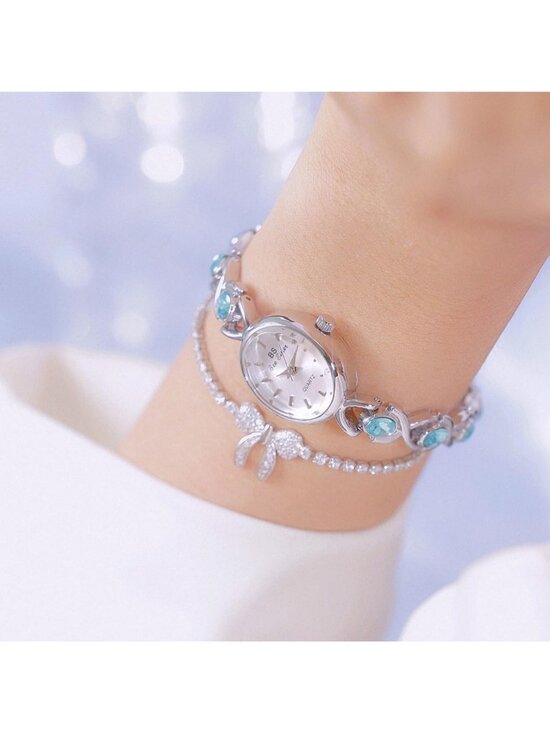 Women\'s Silver Blue Vintage Bracelet Elegant Jade Oval Dial Quartz Wrist Watch